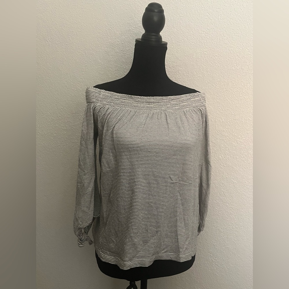 Lucky brand, off the shoulder top, beige with thin stripes